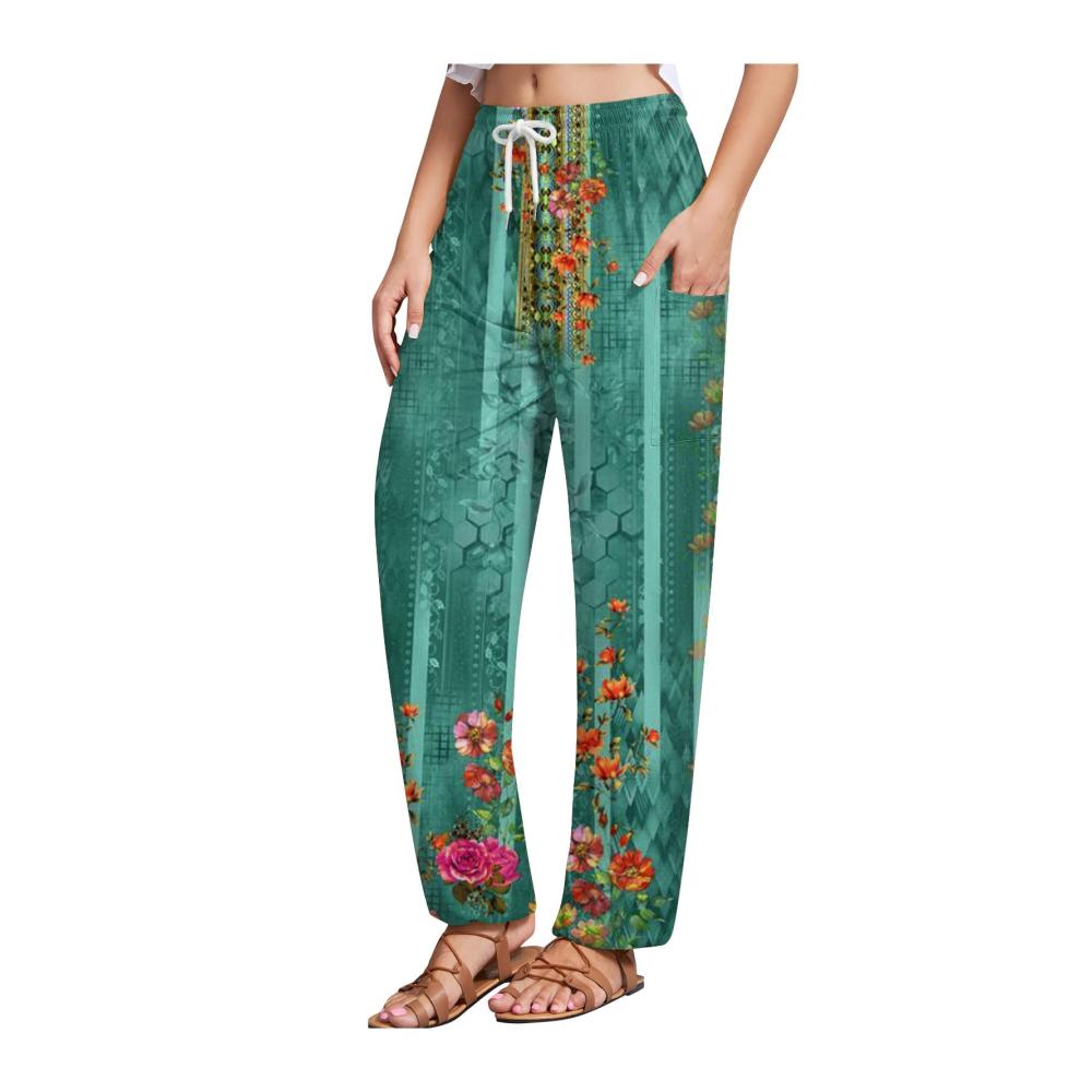 Regenhosen Damen Bedruckte Joggers mit Plisseefalten Sommer-Style in Großen Größen