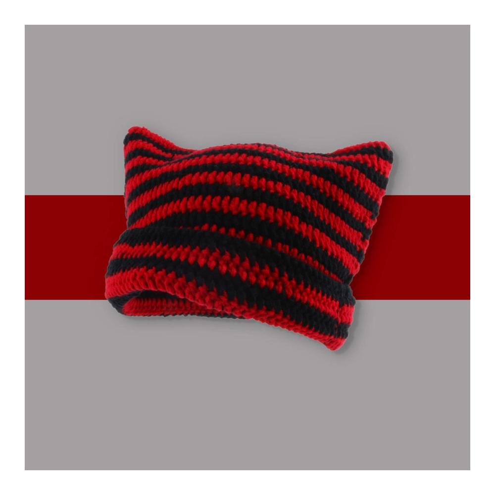 Winter Strickmütze für Damen mit Katzenohren - Trendige Warme und Weiche Slouchy Gestreifte Häkelmütze - Vintage Katzen Hut für Frauen