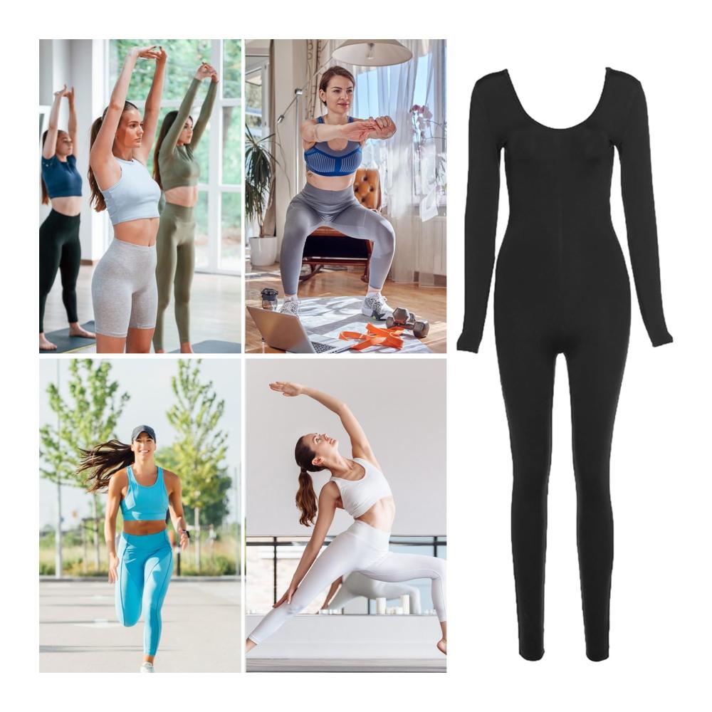 Langarm Jumpsuit Damen - Winter Fitness Overall mit niedrigem Kragen und hoher Elastizität