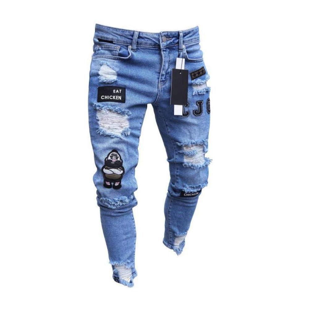 Herren Stretch Jeans Coole Schwarze Skinny Fit Hip-Hop Hose mit Rissen und Reißverschluss
