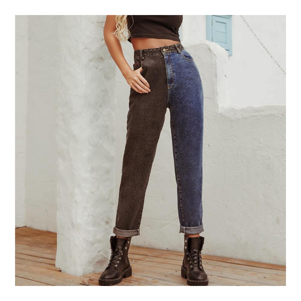 Damen High Waist Jeanshose - Straight Leg Instant Relaxed Fit in Schwarz-Blau Two Tone Denim
