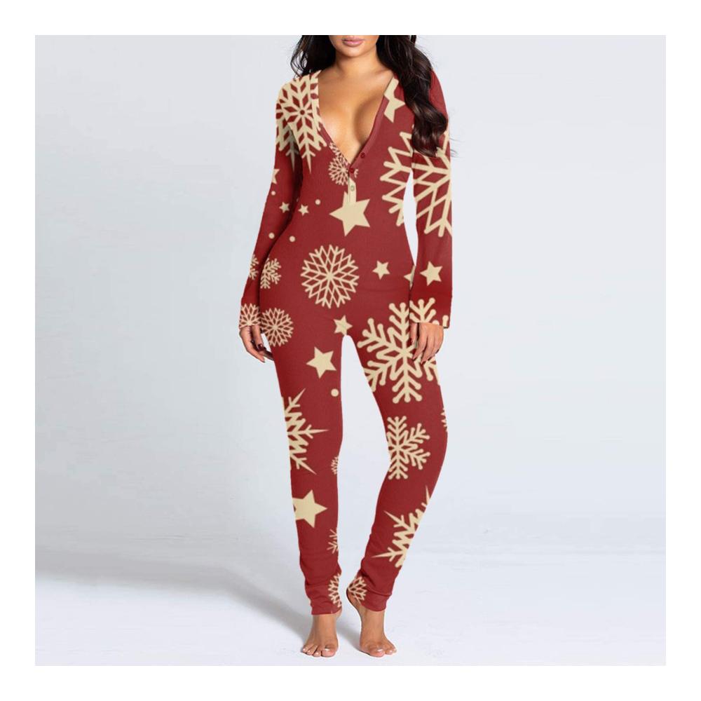 Sexy Womens Sleepwear Comfy Butt Button Back Flap Jumpsuit with Functional Buttons