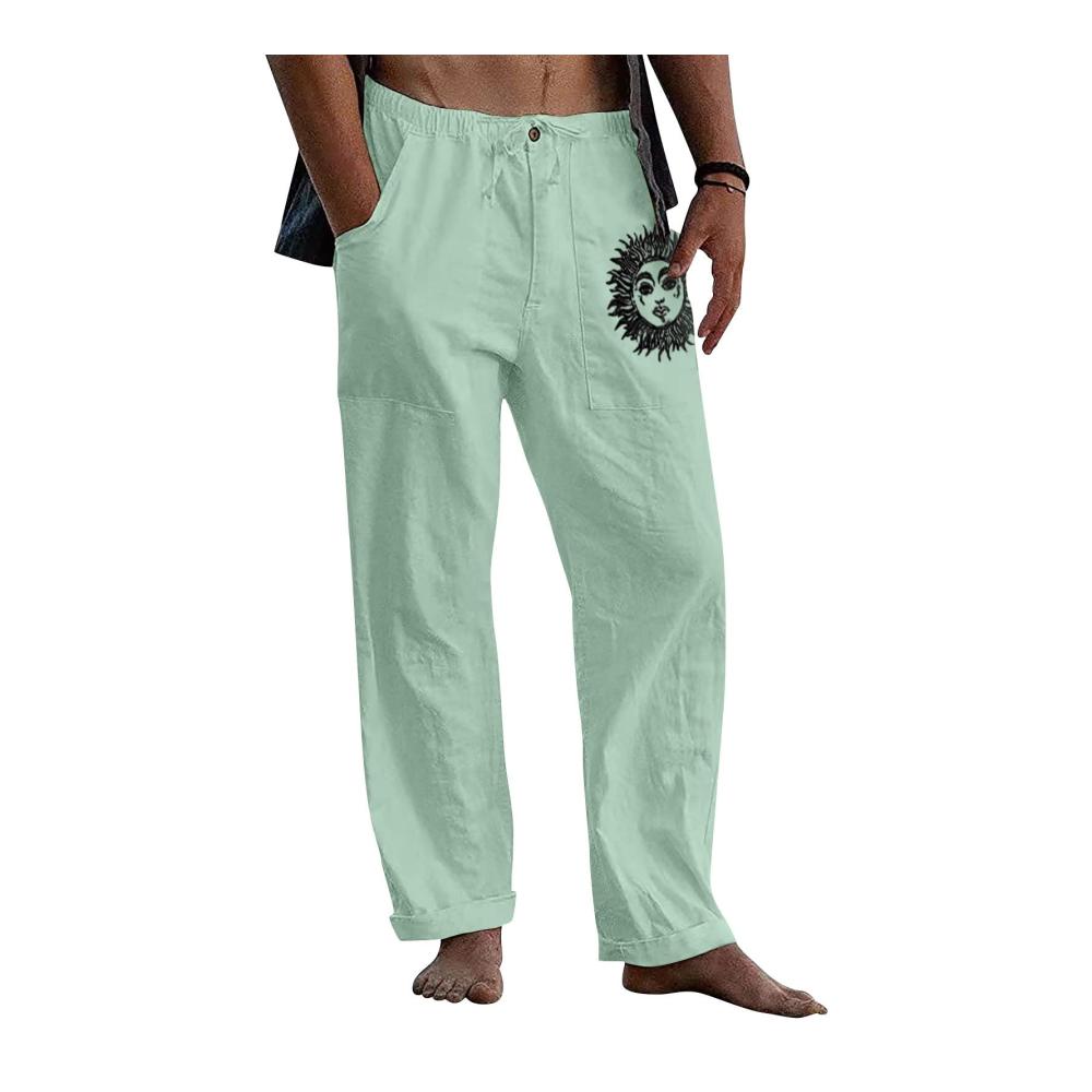 Herren Sommerhose Bequeme Baumwoll-Leinenhose mit Kordelzug Taschen und Logo - Lockere Freizeithose für den Urlaub (COL-148