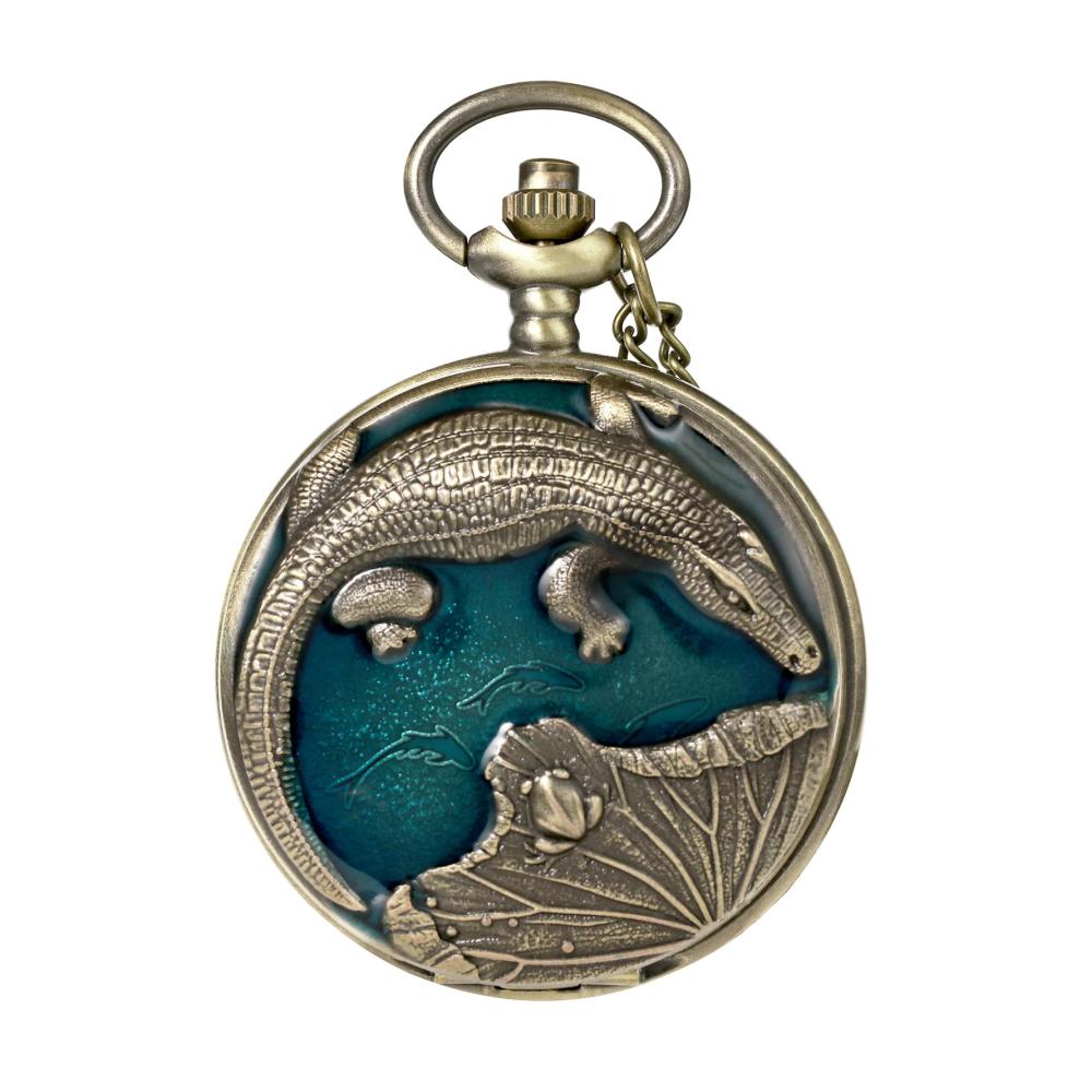 Chinesischer Stil Krokodil Taschenuhr - Vintage Quarz Uhr mit Halskette für Männer und Frauen - Antike Zeitmesser zum Geburtstag und Jahrestag
