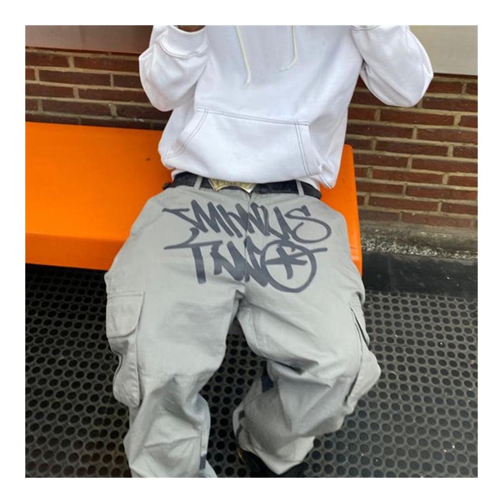 Herren Y2K Cargo Jeanshose | Baggy Jogginghose | Schwarze Harajuku Denim mit weitem Bein (XL