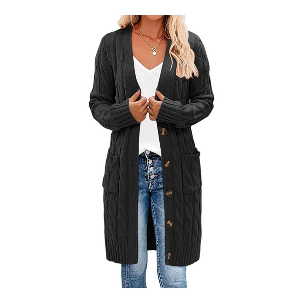 Damen Strickjacke mit langen Ärmeln Zopfmuster und Knopfleiste - Stilvolle offene Vorderseite trendige Oberbekleidung