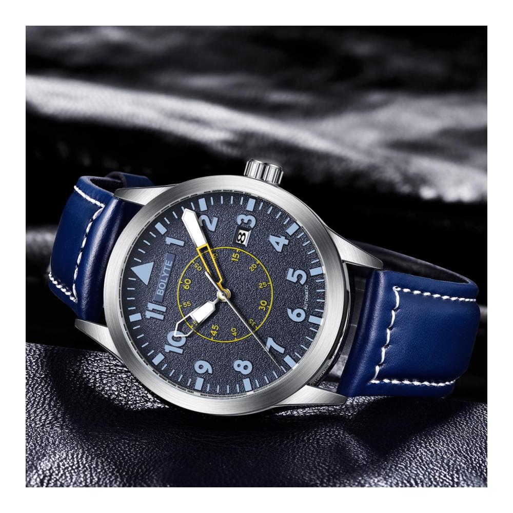 Automatische Mechanische Herren-Armbanduhr mit Selbstaufzug Militär Sportuhr Automatisches Datum Lederband (Blau) - Stilvolle und Robuste Militäruhr für Herren