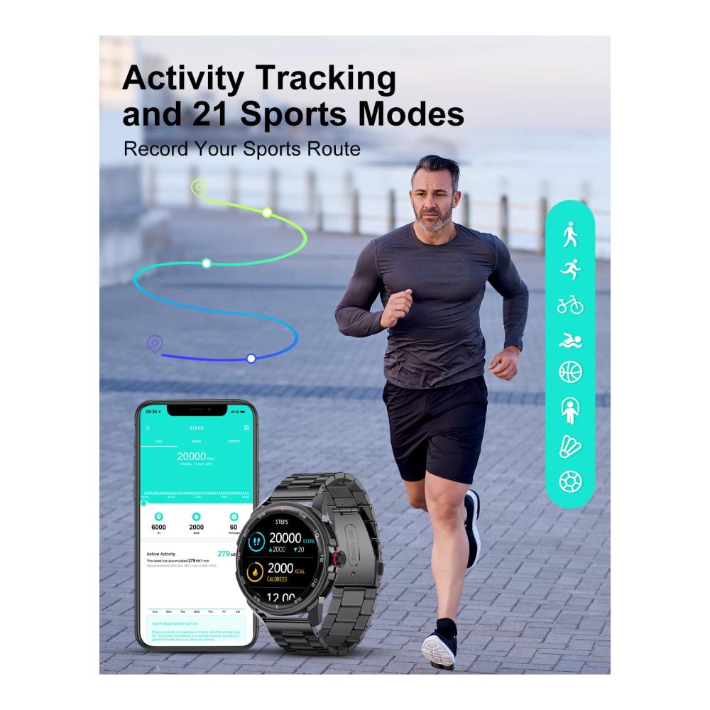 Herren Smartwatch SIEMORL 132 HD Farbdisplay Pulsmesser Schlafmonitor Schrittzähler Musiksteuerung 20 Sportmodi - iOS & Android - Fashion Fitness Tracker
