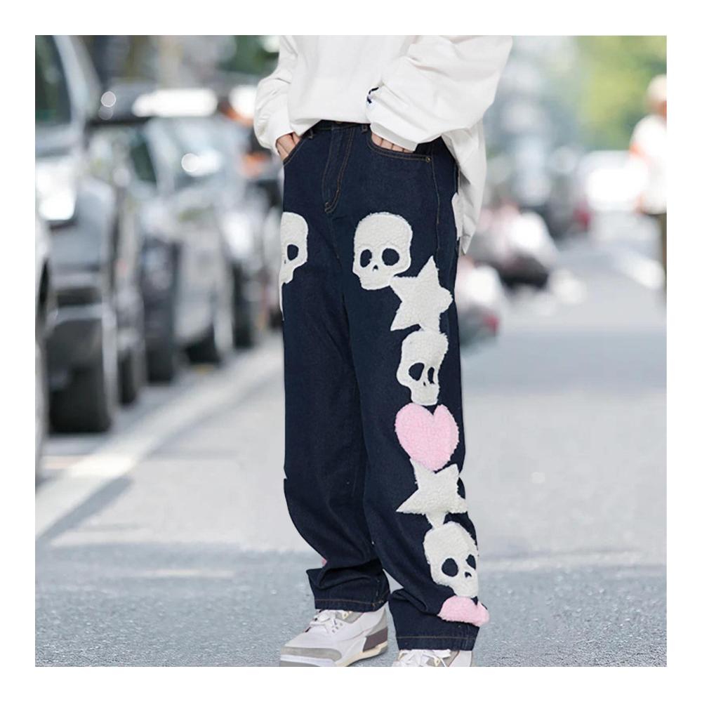 Herren Baggy-Jeans mit Totenkopf-Print - Coole Streetwear für den punkigen Goth-Look