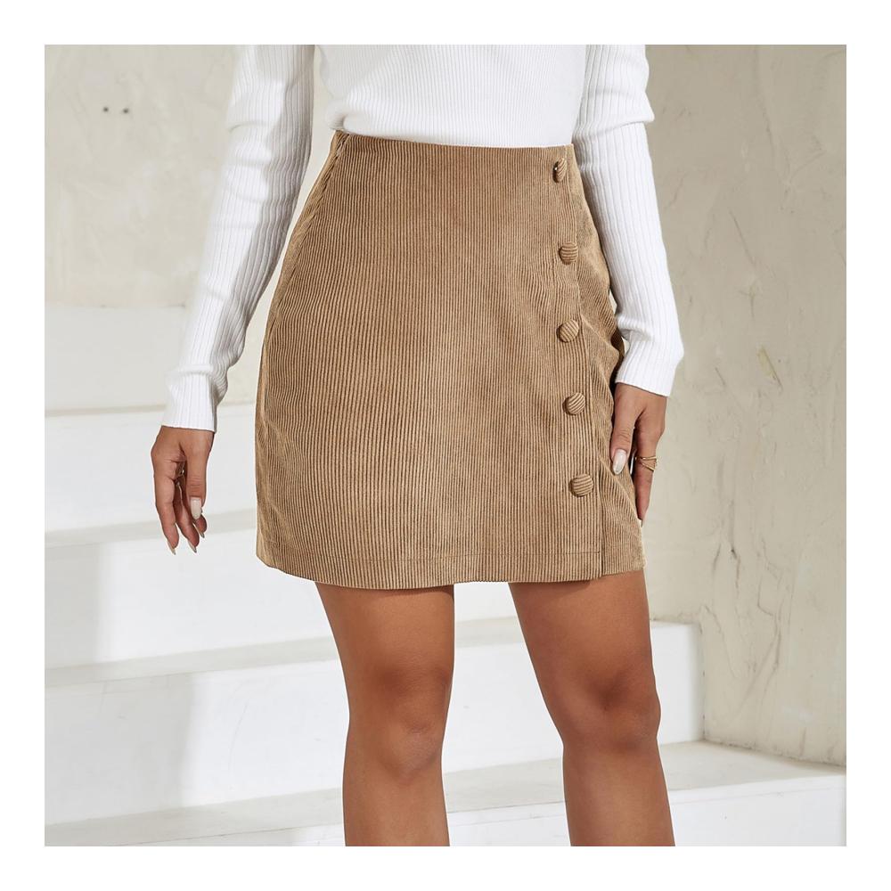 Damen Abendkleider Hoher Taille A-Linie Cordröcke für Herbst/Winter mit Knopfleiste Taschen und kurzer Minirock