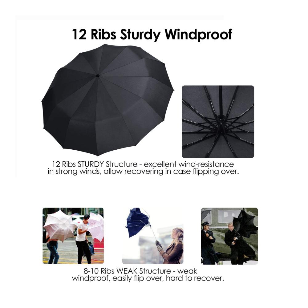 JIGUOOR Taschenschirm Schwarz – Winddichter Reise-Regenschirm mit 12 Ribs Automatikfunktion Kompakt und Groß Inklusive Ledertasche