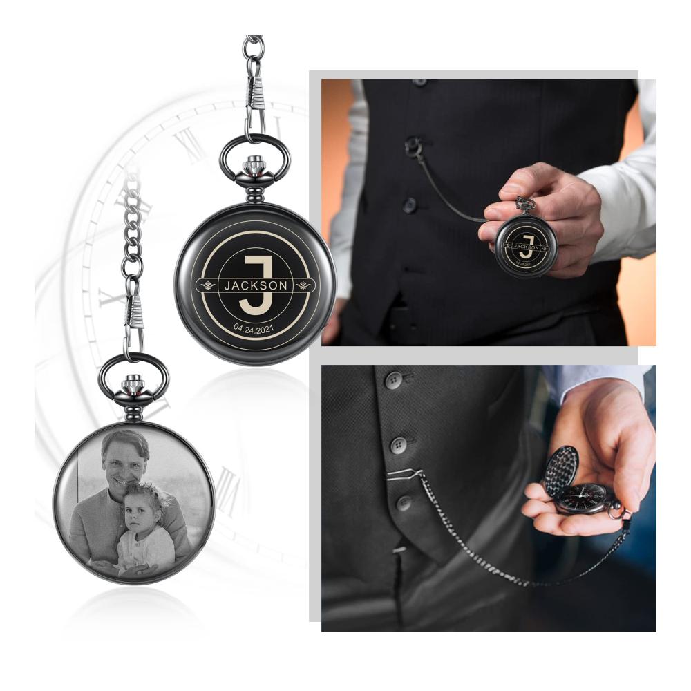 Personalisierte Vintage Taschenuhr für Herren - Foto & Textgravur - Geburtstags- und Jubiläumsgeschenk