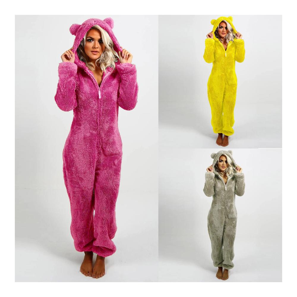 Teddy Fleece Jumpsuit für Damen - Winter Einteiler mit Kapuze Flauschiger Schlafanzug Plüsch Kuschelig Overall Lang Schlafoverall Warme Onesie Anzug Hausanzug in verschiedenen Größen S-5XL