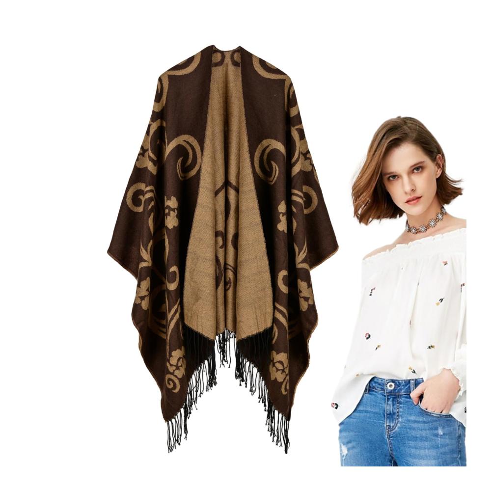 Doppelseitiger Damen-Schal-Poncho für kalte Tage Strickponchos & Capes mit Reisekaromuster – Warm lässig und bequem für Treffen Verabredungen Arbeit Reisen Schule und Zuhause