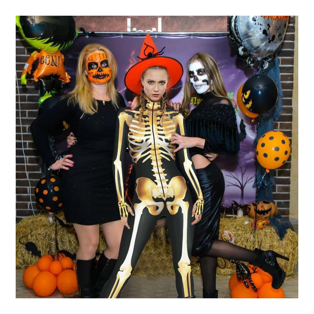 Damen Skelett Catsuit - Halloween Jumpsuit mit Langen Ärmeln und Stretch | Gruseliger Damen Skull Bone Bodysuit - Perfekt für Themenpartys