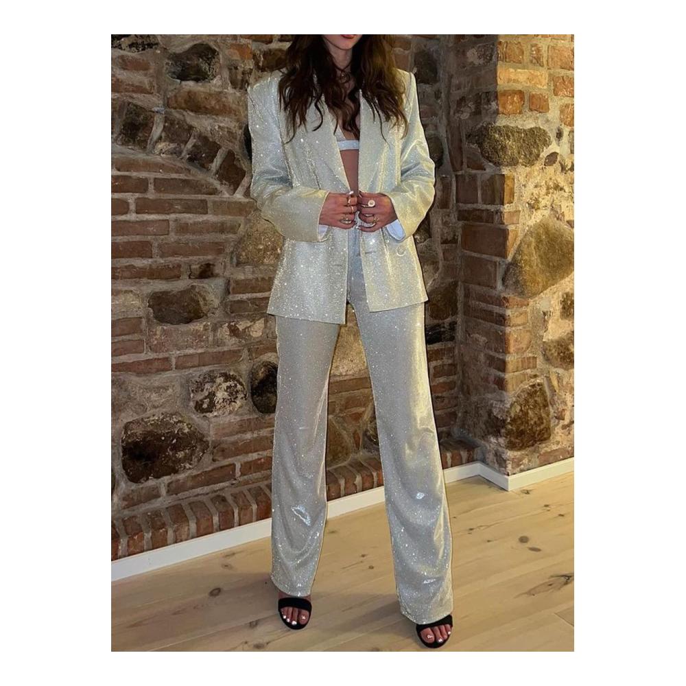 Damen Trainingsanzug mit Glitzer-Pailletten 2-teilig langärmelig Blazer-Tops funkelnd lässig - Weite Hose inklusive für einen funkelnden Sweatanzug im Clubwear-Stil