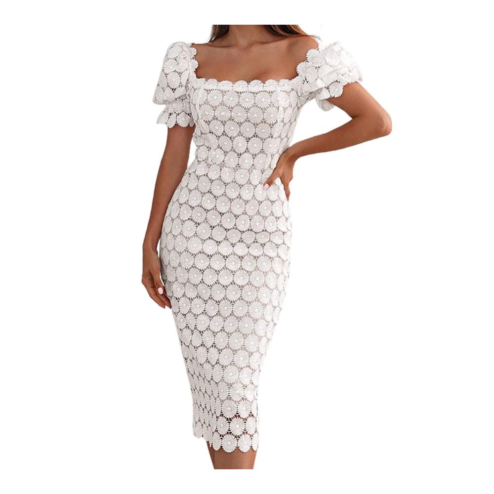 Elegantes Spitzenkleid für Damen Kurzarm Strick Business OL Kleid - Party Midi Zweiteiler mit Langarm Zug und Blumenmuster