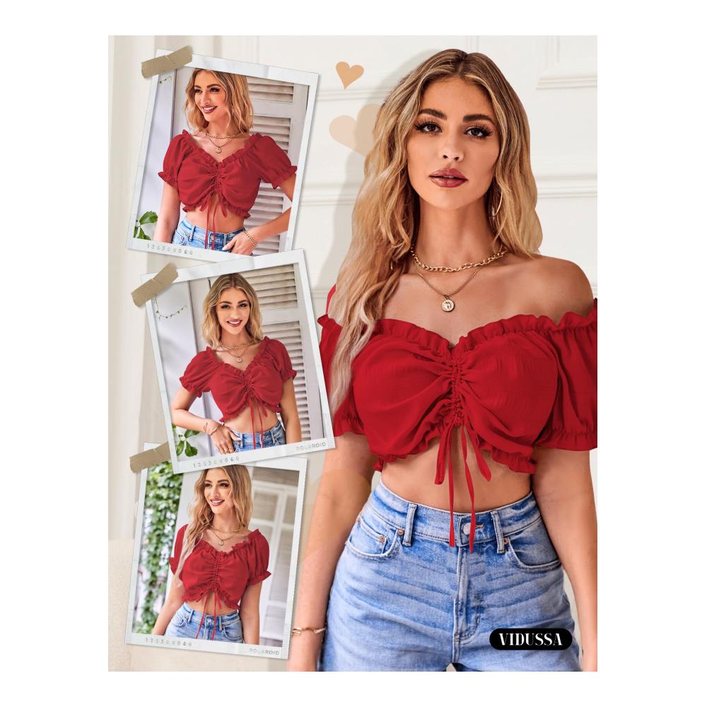 Blusen & Tuniken VIDUSSA Damen Sexy Schulterfreies Crop Top mit Puffärmeln V-Ausschnitt und verkürztem Schnitt - Stilvolle Damenbluse