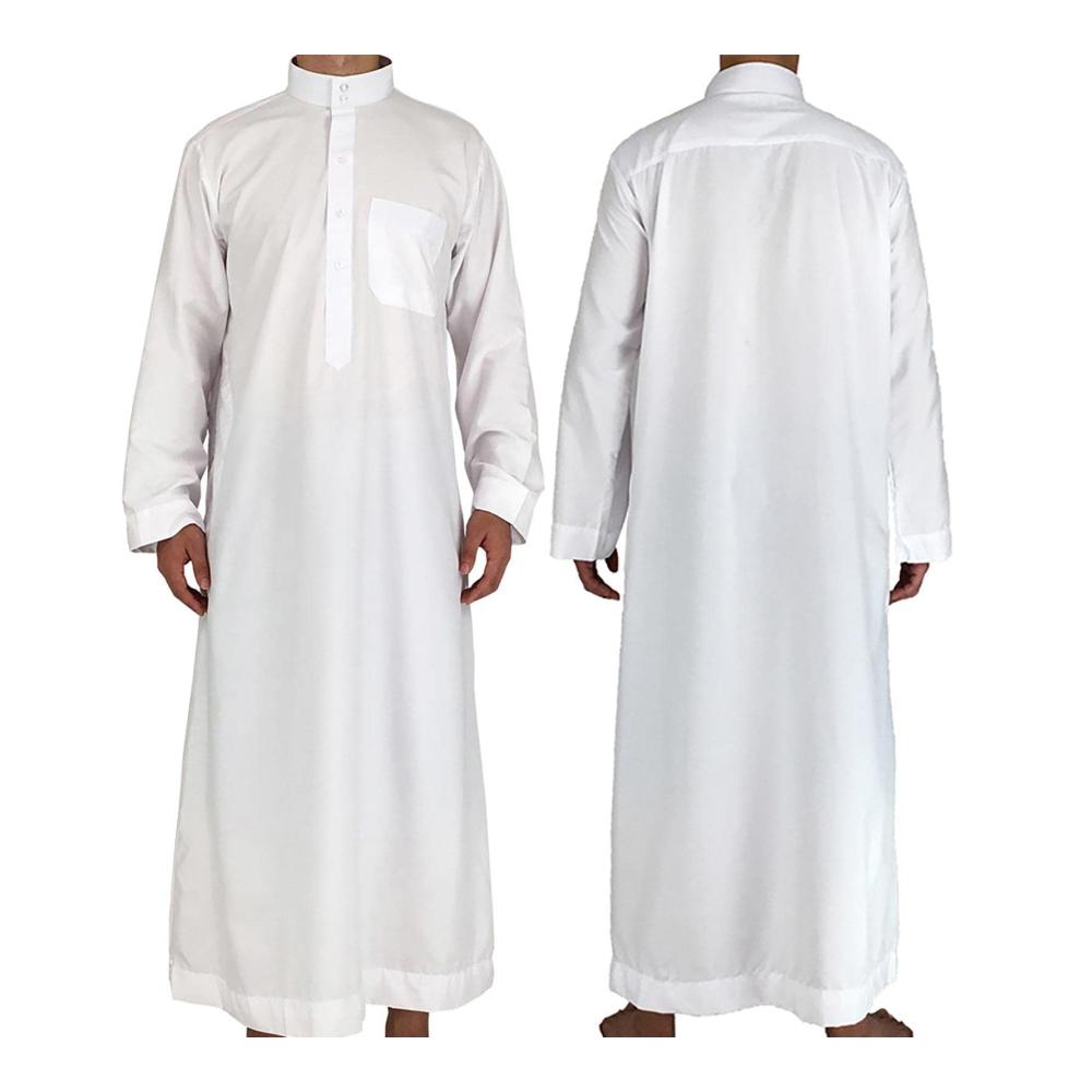 Herren Arabischer Langarm-Bademantel Weißer Kaftan Thobe mit Crew Stehkragen für Strand & Sommer