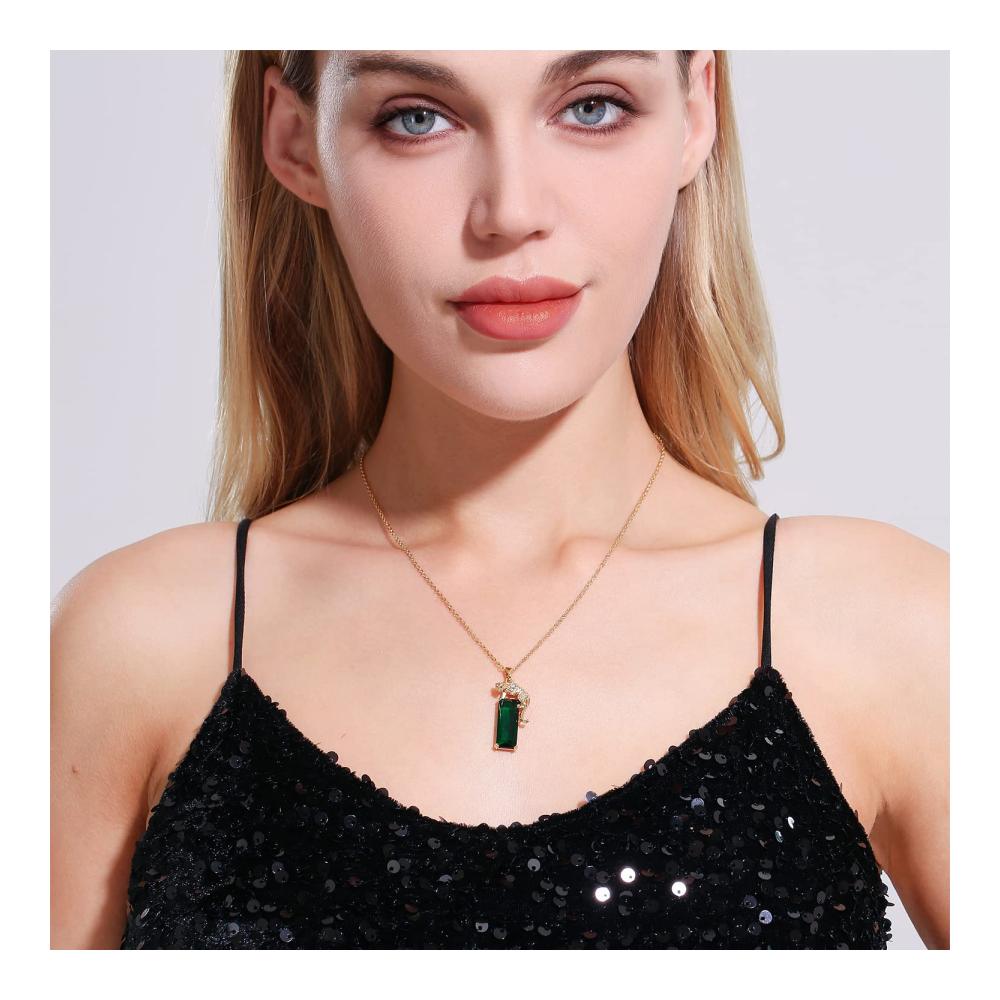 14K Gold Überzogene Damen Halskette mit Grünen Kristall-Leopard-Anhänger - Hip-Hop Punk Panther Schmuckgeschenk