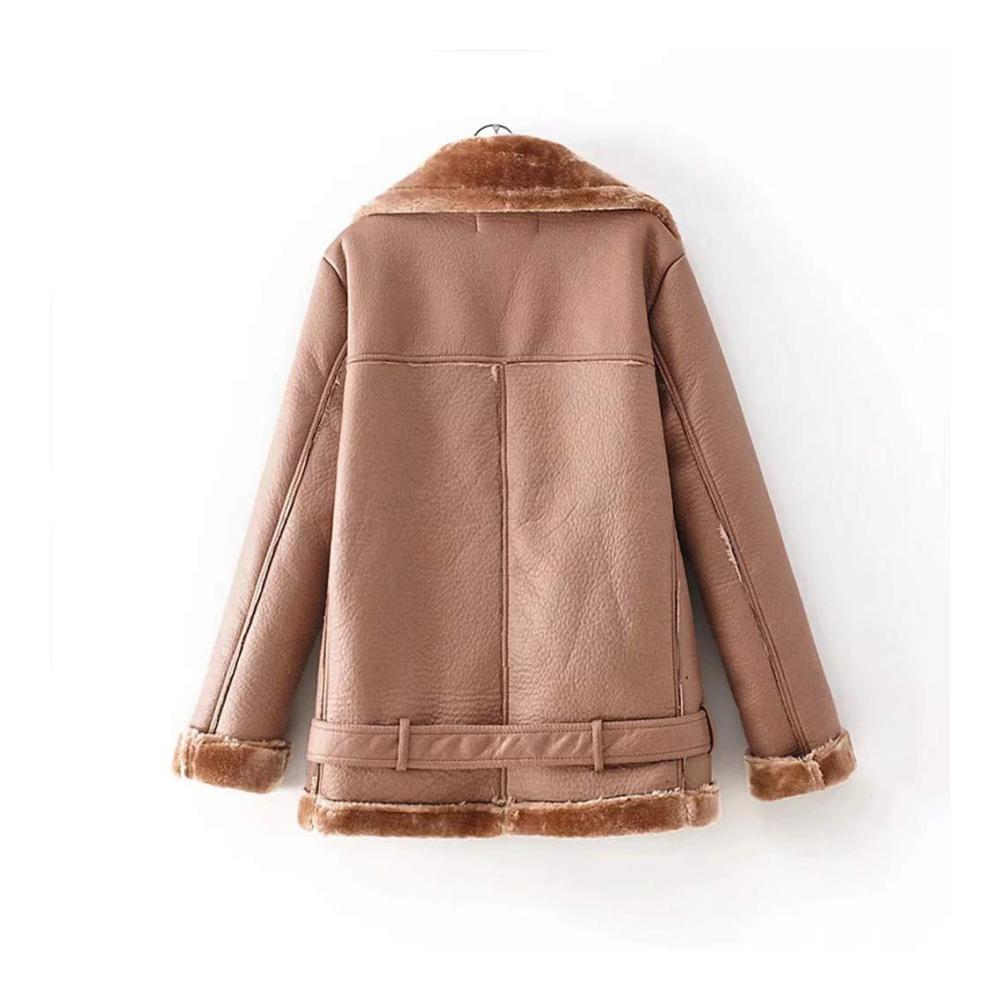 Damen Bikerjacke Wintermantel - Warme Übergangsjacke mit Stehkragen und Gürtel
