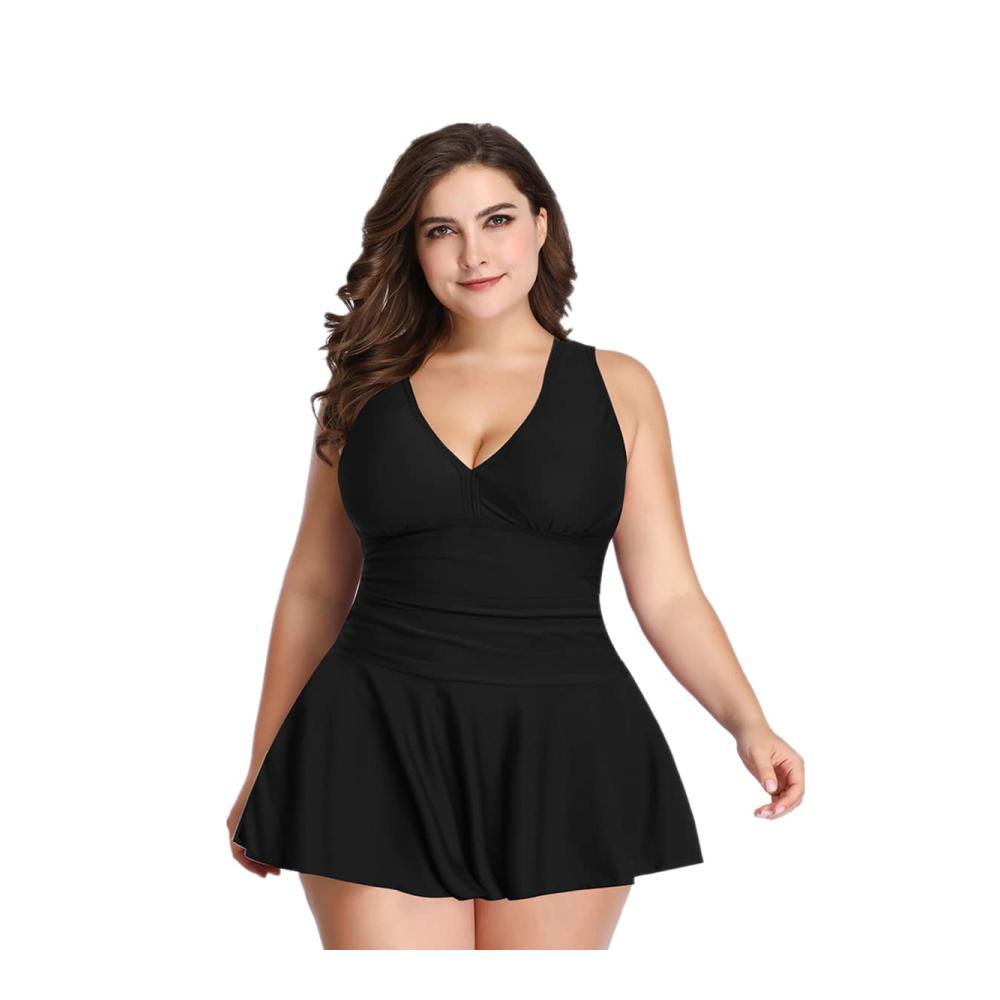 Badeanzug Damen Große Größen | Zweiteiliger Retro V-Ausschnitt | Bauchweg Badekleid mit Figurformender Raffung | Modische Bademode für Damen