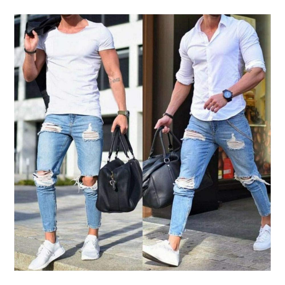 Herren Jeanshose - Blaue Sommerjeans mit offenen Knierissen dünnem Stoff und Stretch-Passform