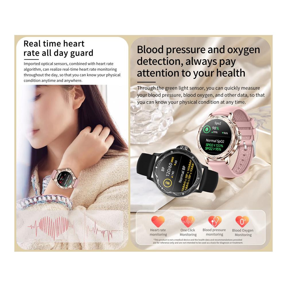 Smartwatch Damen 1.2 Zoll HD Rund - Wasserdicht Bluetooth Anruf Fitness Tracker - iOS Android - Fashion Damenuhr mit Whatsapp Funktion (Schwarz