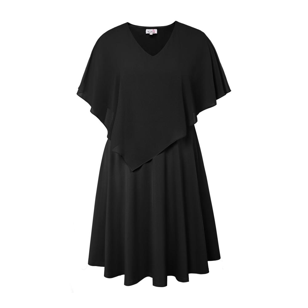 Chiffon Cocktailkleid Damen Große Größe | Elegantes A-Linien Abendkleid mit V-Ausschnitt und Overlay Knielang