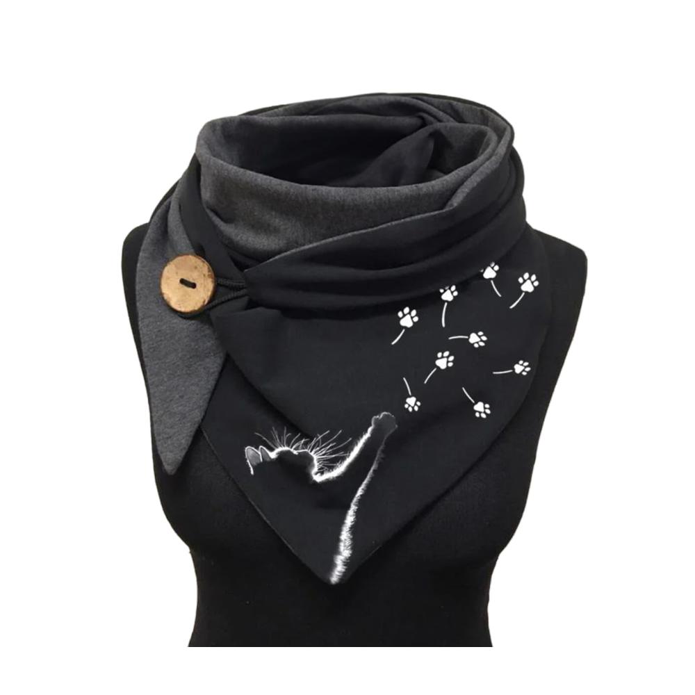 Dreiecksschal Damen Vintage Winter Poncho mit Knopf Kuscheliger Halstuch Schal für Herbst Lässiger Wickelschal Warmes Retro Druck Halswärmer Weicher Katzen Schal