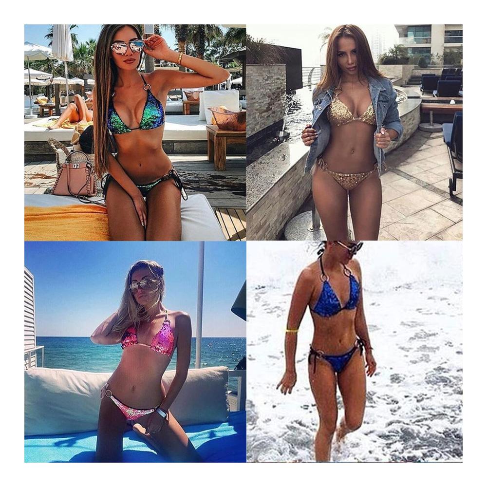 Bikini-Sets Damen Glitzer Strass Pailletten Neckholder Top Bandage Tanga - Zweiteiliger Badeanzug mit Triangel Bikini