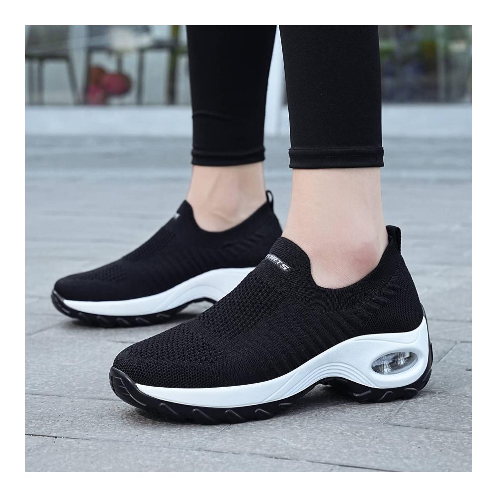 Damen Wanderschuhe Leichte Slip-On Sneaker mit Atmungsaktivem Mesh Luftkissen-Technologie und Keilsohle - Schwarz/Weiß Größe 38 EU