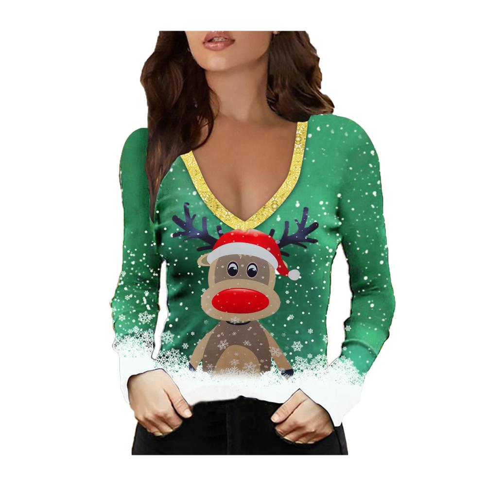 Fallout Weihnachtspullover Bluse für Frauen - Grüne Tunika mit V-Ausschnitt Langarm Weihnachten Print Sexy Shirt Kalte Schulter - Casual Top mit Soft Tops - Größe M