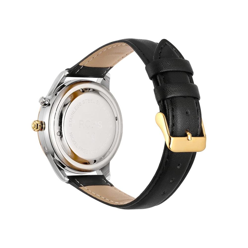 Goldene Herren Armbanduhr mit Doppelfarbschale schwarzes Lederarmband - QIATKWH Deutsche Sprechende Uhr in stilvollem Design