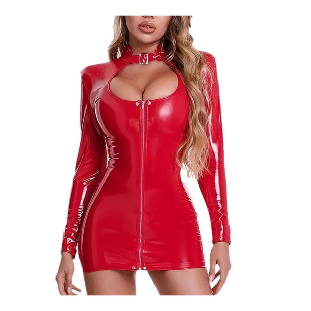 Damen Langarm Minikleid Figurbetontes Clubwear-Kleid mit tiefem Ausschnitt & PU-Leder vorne - Durchgehender Reißverschluss