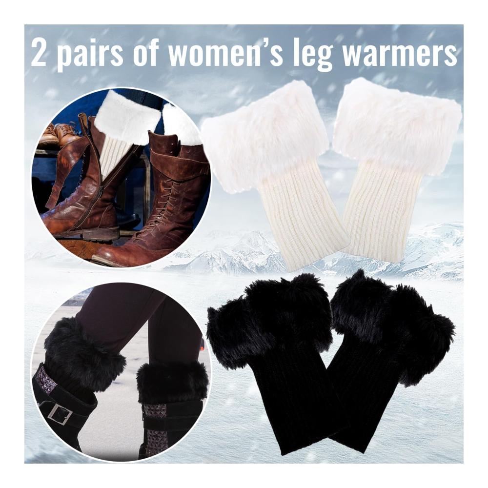Warme Damen Stulpen 2 Stück - Fußlose Kniestrümpfe Legwarmers Gestrickte Beinwärmer - Ideal für Winter mit Hoher Qualität und Stil (Weiß Schwarz