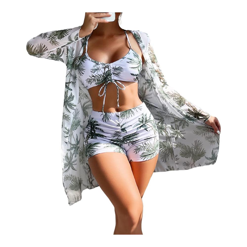 Boho Damen Bikini-Set 3-teilig mit Boyshort Cover up Strandponcho und Strandtunika