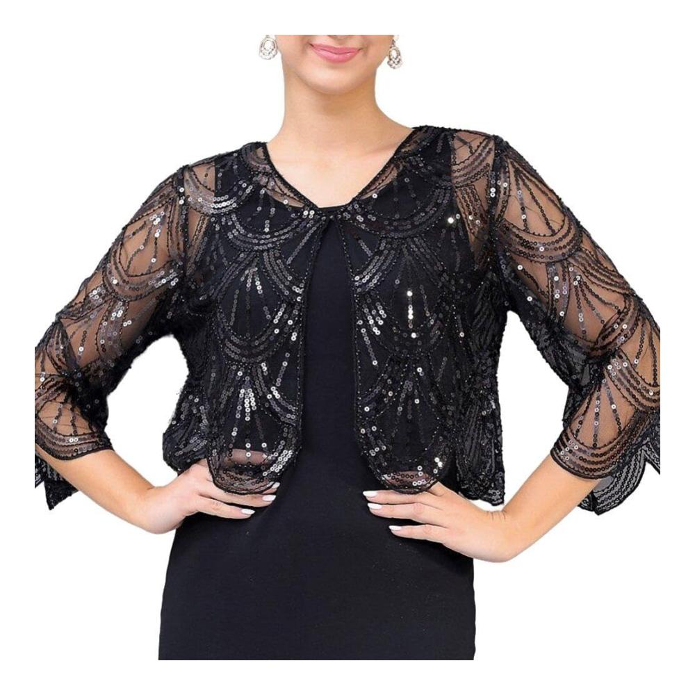 Vintage Luxylei 1920er Jahre Schal mit Pailletten und Perlen perfekt für Abendveranstaltungen und Hochzeiten V-Ausschnitt und transparente Ärmel für den perfekten 20er Jahre Look