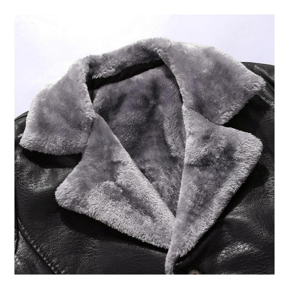 Herren Ledermantel Schwarz – Stilvoller Retro Wintermantel mit Langem Schnitt Kunstlederjacke und Pelzkragen