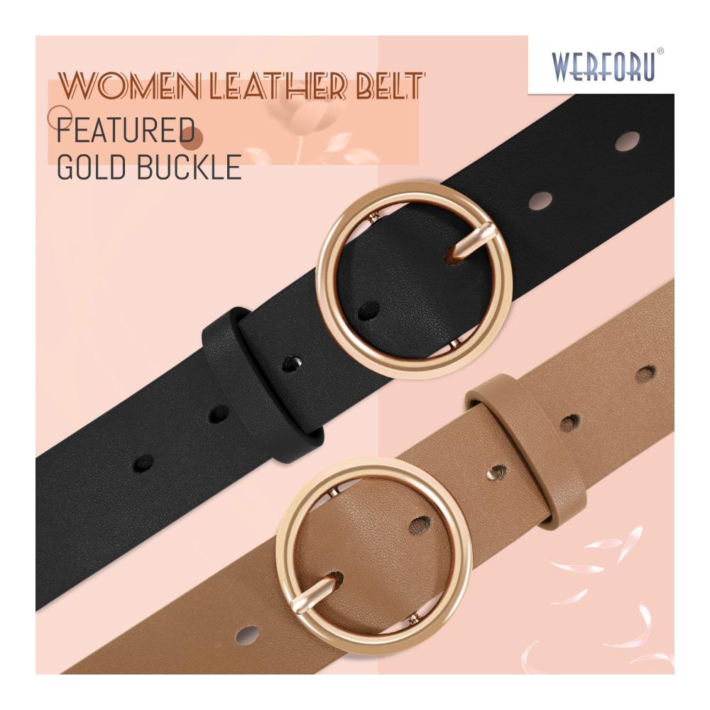 Damen Ledergürtel 2er Pack - Stylische Jeans- und Hosen-Gürtel mit Gold O-Ring Schnalle für modische Akzente