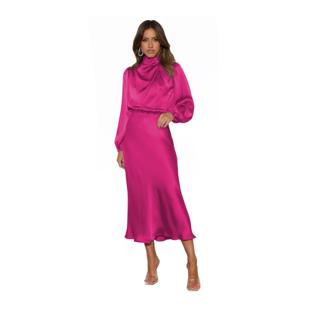 Cocktailkleid Damen Modisches Bankettkleid Hochzeitsgastkleid mit langen Ärmeln lockeres Satinkleid für Bankette und Abendveranstaltungen