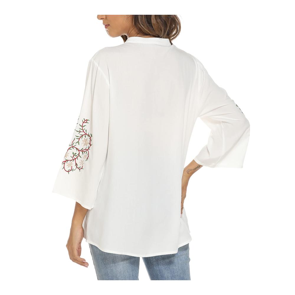 Boho Blusen & Tuniken Vakakado Mexico Besticktes Shirt für Frauen mit Folklore-Floral-Design 3/4 Ärmel V-Ausschnitt