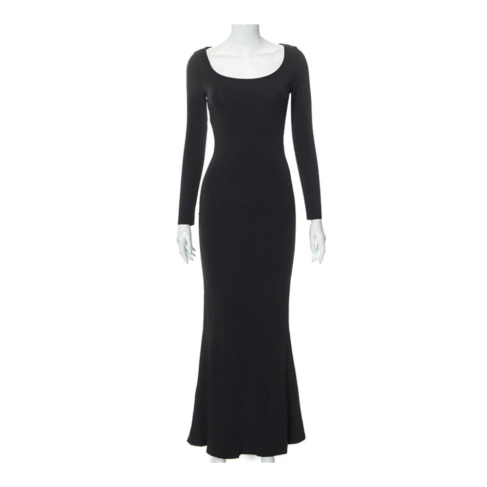 Damen Maxikleid Herbst Elegantes Bodycon-Kleid mit U-Ausschnitt Langarm und Fischschwanz-Saum für Streetwear-Chic