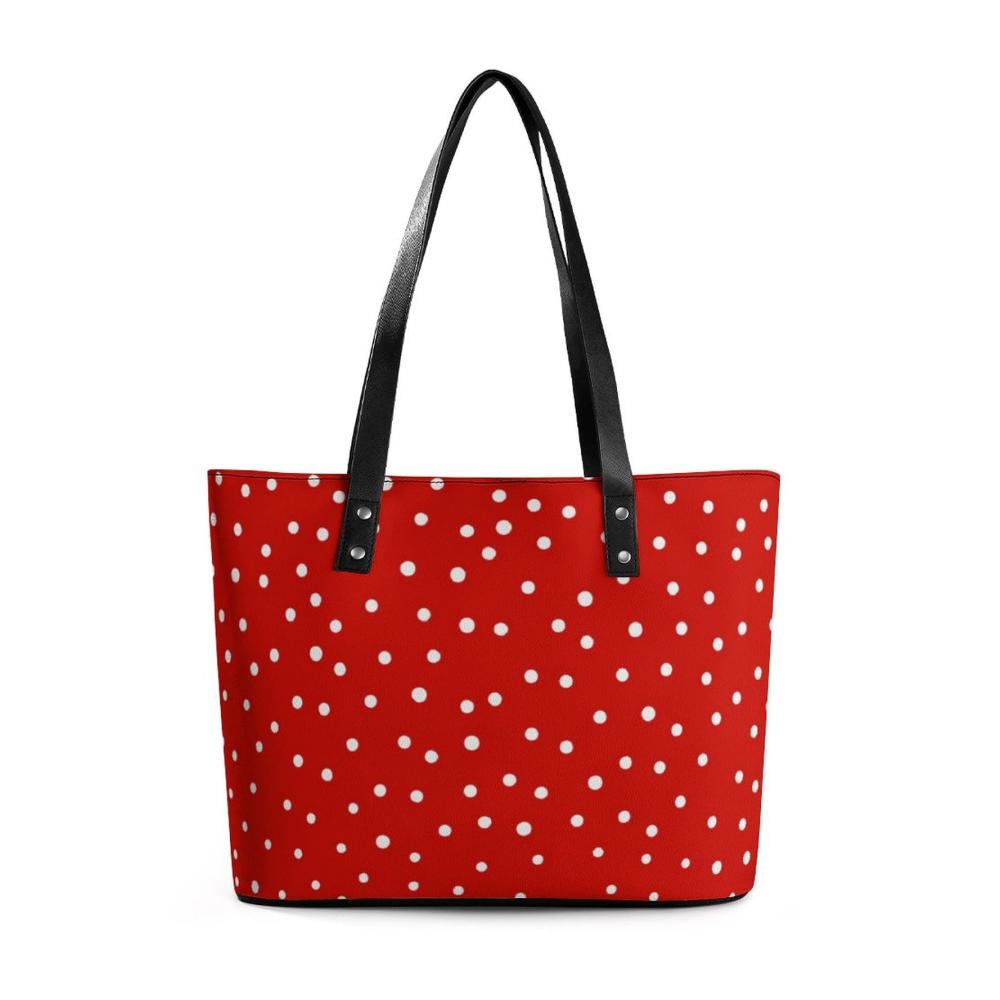 Elegante Handtasche aus Pebbled PU Leder perfekt für Business und Freizeit | Rot Weiß Runde Punkte Muster | 29*34*14cm