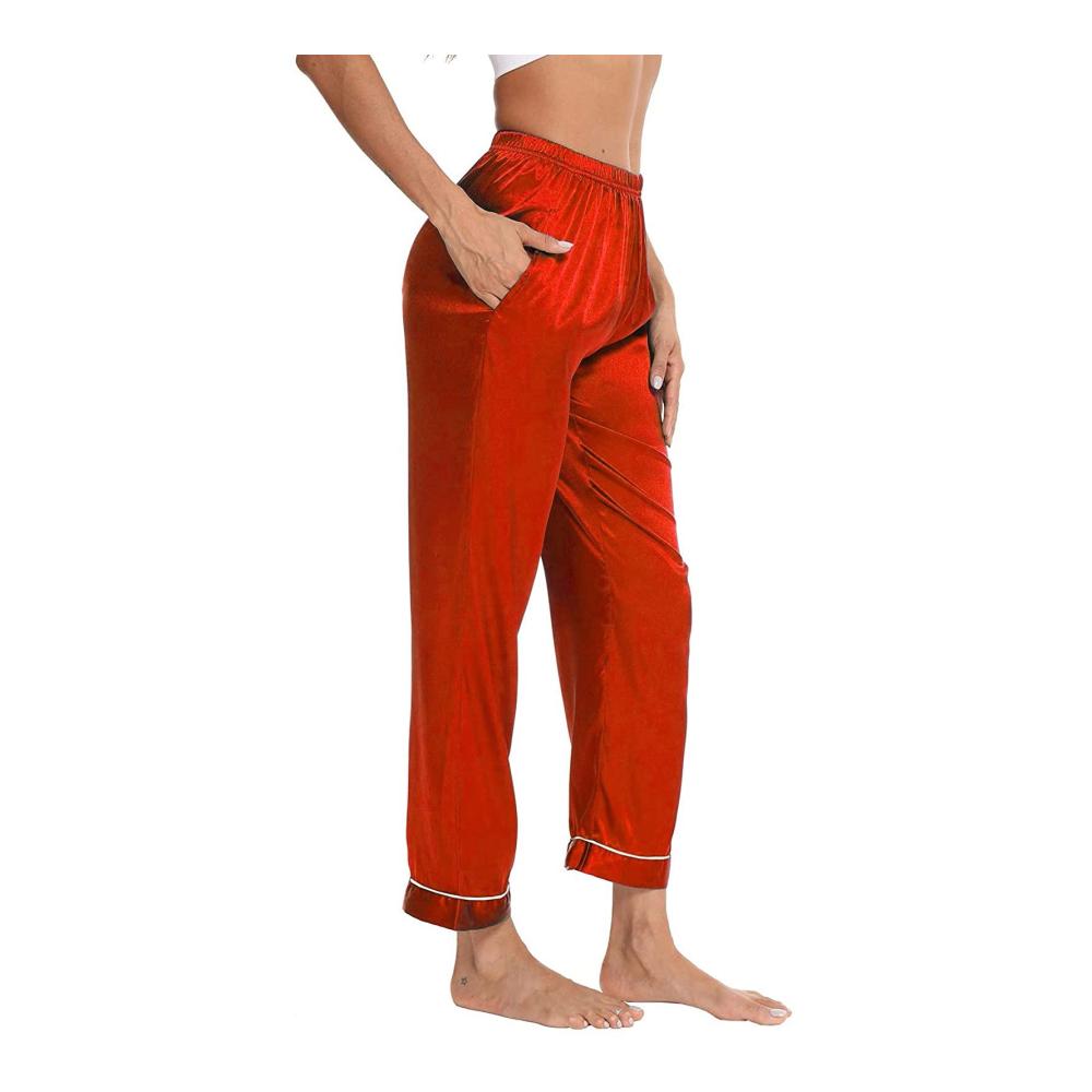 Damen Pyjamahose Lang Sexy Satin-Hose in Rot Schlafanzughose aus Flanell-Baumwolle Comfy Stretch Elastische Taille Loungewear mit Taschen (Größe M