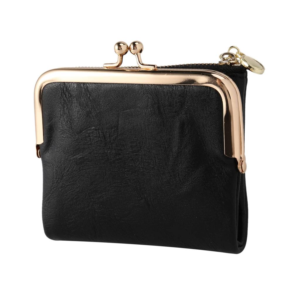 Damen Geldbörse Kurzformat Stilvolle Bifold Brieftasche mit Reißverschluss und Kiss Lock in Schwarz - Retro Design Multifunktional Geldbörse Damen