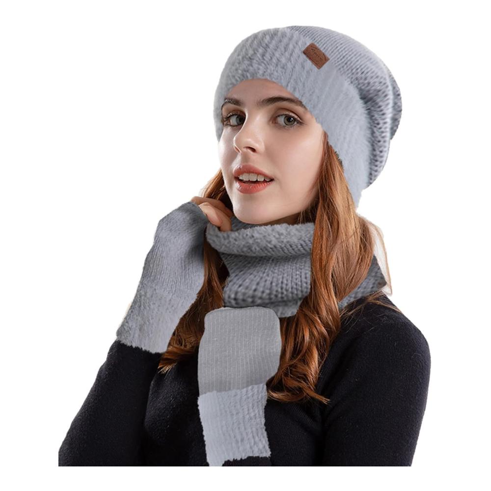 Winterliches Dreiteiliges Set Mütze Schal & Handschuhe aus warmer Wolle für Damen und Herren – Stilvolle Strickmütze mit Schirm für den Schnee-Look