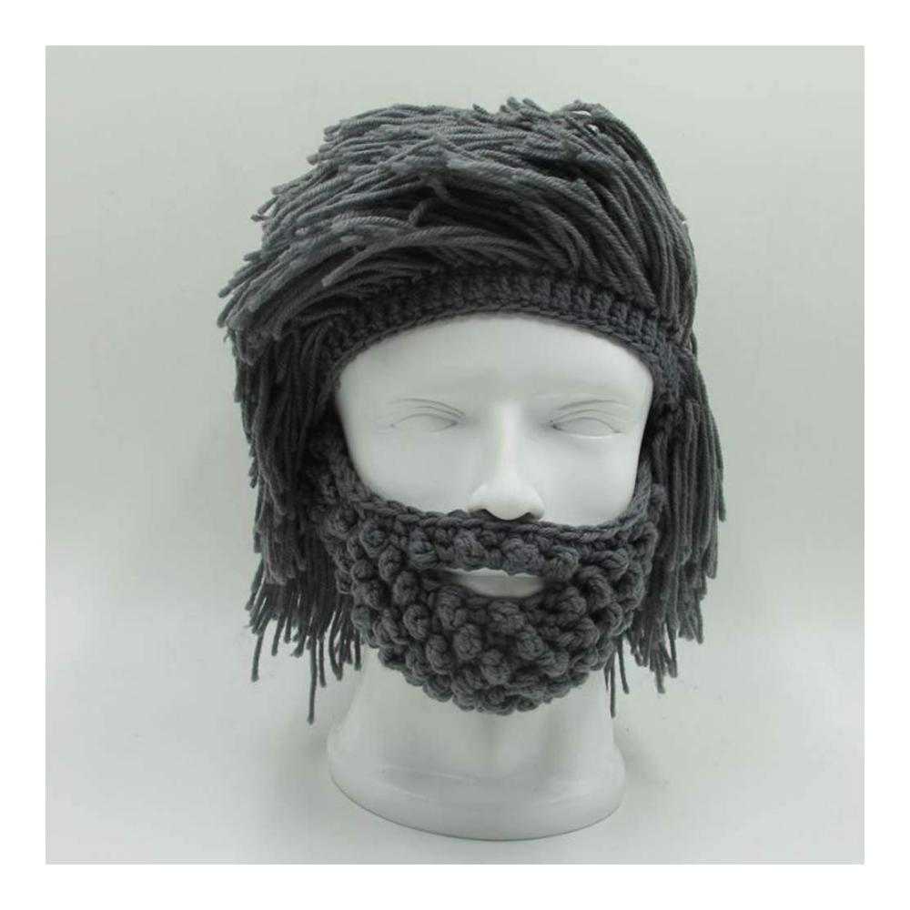 Handgemachte Barbarian Beanie Cap für Kinder und Erwachsene – Wikinger-Strickmütze mit Bartdetails lustige Skull Cap in Grau Große Größe