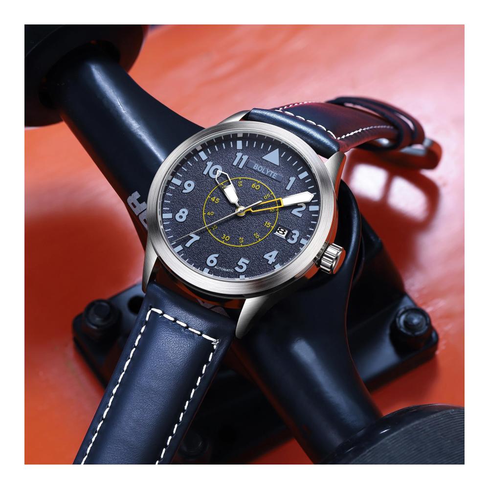Automatische Mechanische Herren-Armbanduhr mit Selbstaufzug Militär Sportuhr Automatisches Datum Lederband (Blau) - Stilvolle und Robuste Militäruhr für Herren