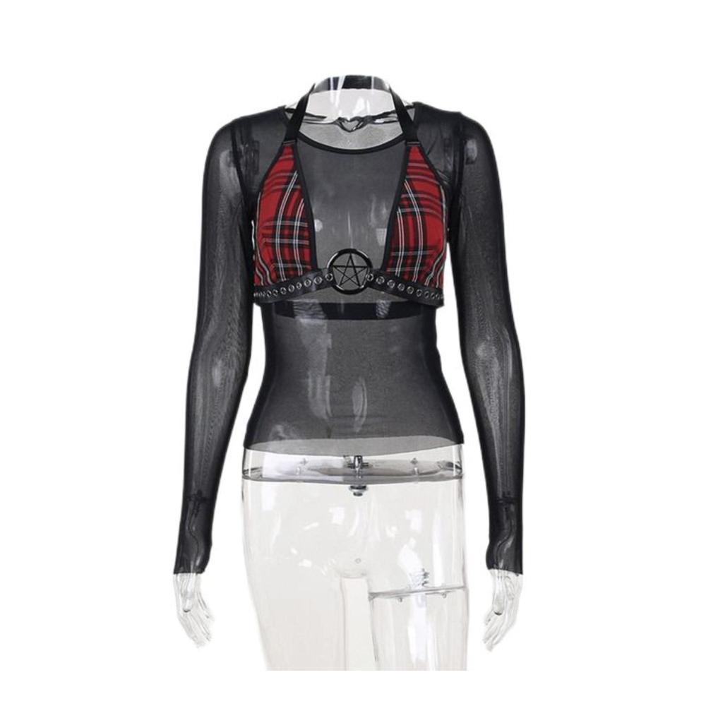 Goth Harajuku E-Girl Mesh Crop Top Set mit Pentagramm-Gürtel - Transparente Langarm-Oberteile und klassische BHs für Streetwear und Grunge-Looks